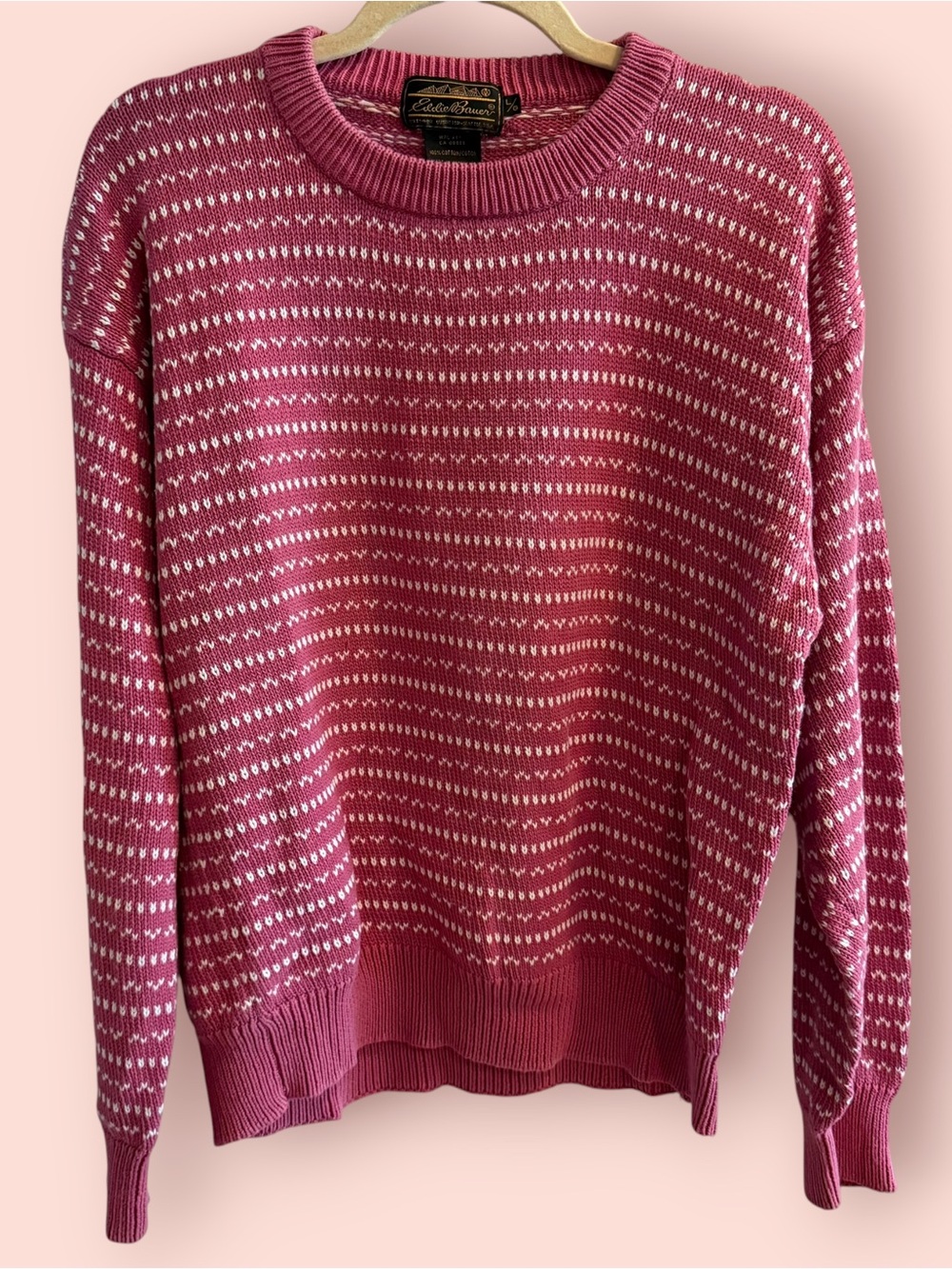 Vintage 90s Eddie Bauer Pink Fair Isle Cotton Knit Sweater